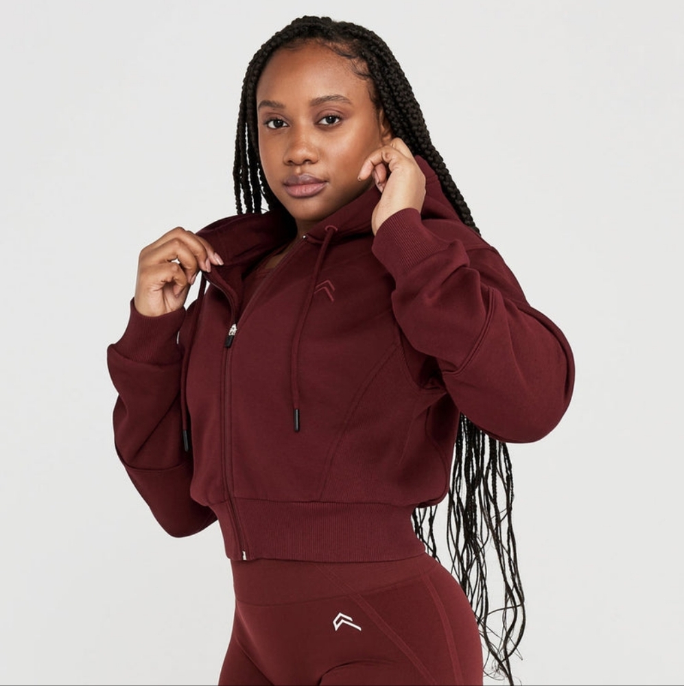 🌸 Oner Active | Classic Lounge Cropped Zip Through Hoodie - Rosewood
